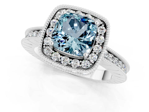 White gold Cushion Cut Halo Diamond Engagement Ring with Milgrain Pave Band and Four-Prong Setting_22