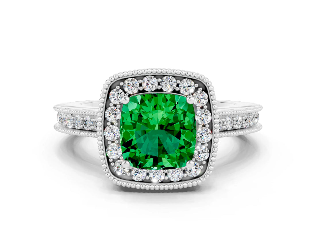White gold Cushion Cut Halo Diamond Engagement Ring with Milgrain Pave Band and Four-Prong Setting_24