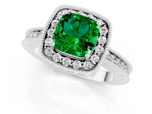 White gold Cushion Cut Halo Diamond Engagement Ring with Milgrain Pave Band and Four-Prong Setting