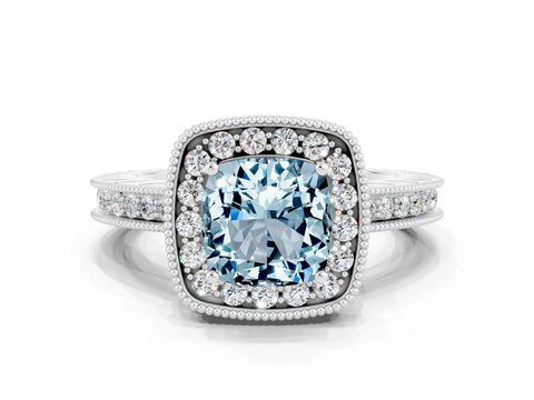 White gold Cushion Cut Halo Diamond Engagement Ring with Milgrain Pave Band and Four-Prong Setting_24