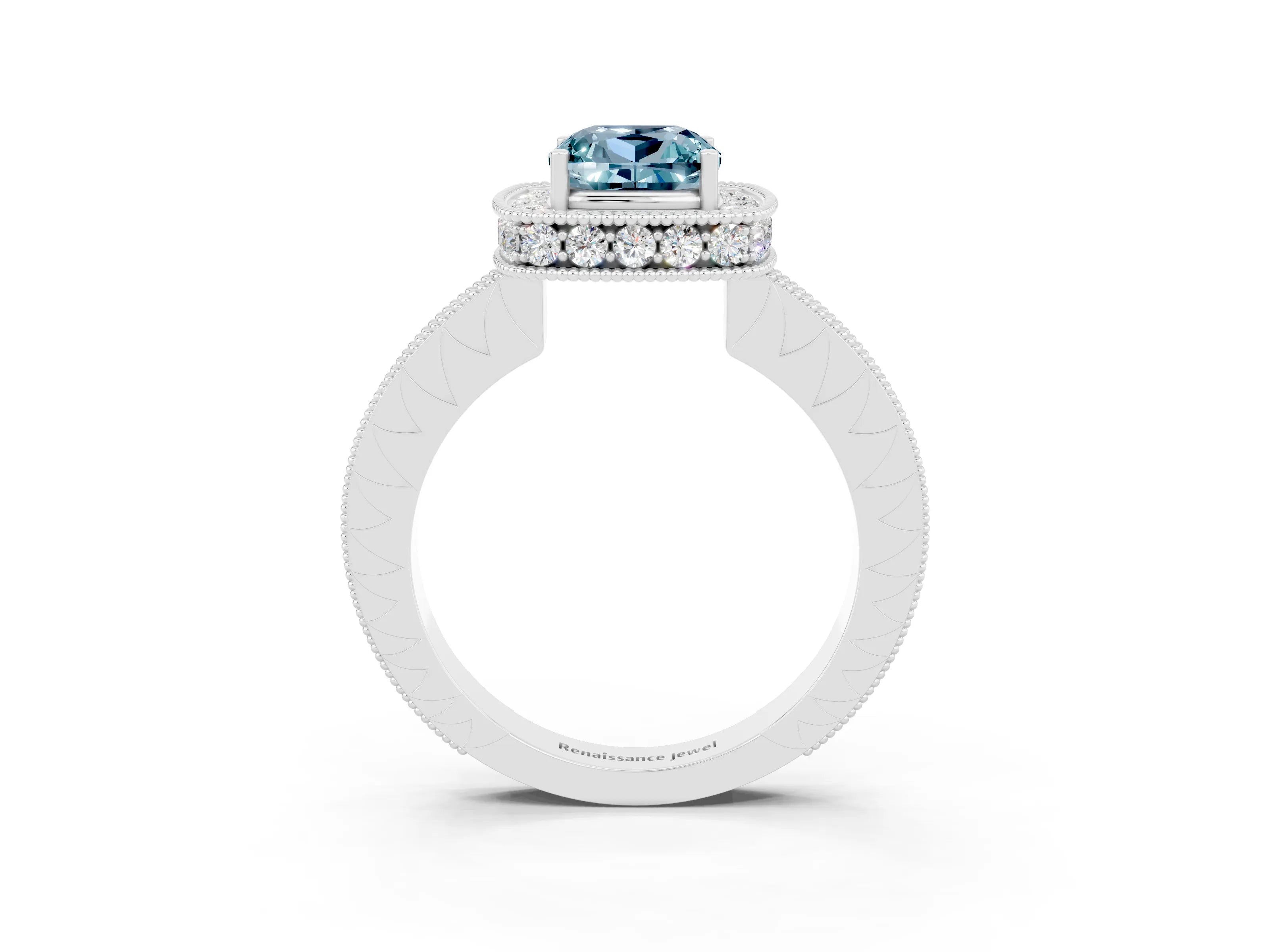 White gold Cushion Cut Halo Diamond Engagement Ring with Milgrain Pave Band and Four-Prong Setting_24
