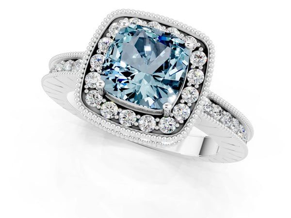 Silver Cushion Cut Halo Diamond Engagement Ring with Milgrain Pave Band and Four-Prong Setting