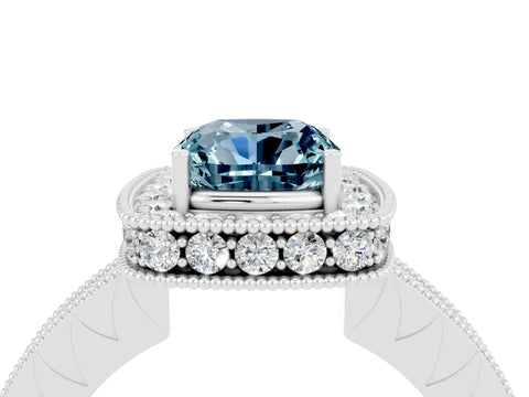 White gold Cushion Cut Halo Diamond Engagement Ring with Milgrain Pave Band and Four-Prong Setting_25
