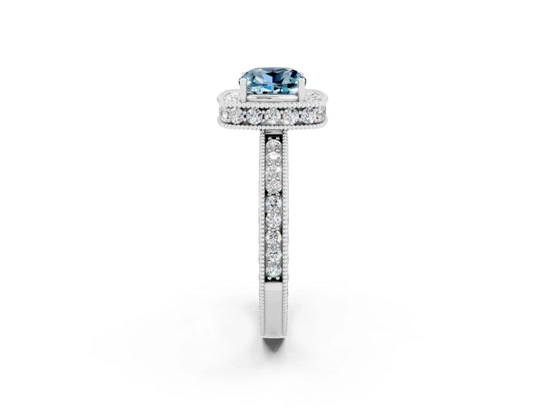Silver Cushion Cut Halo Diamond Engagement Ring with Milgrain Pave Band and Four-Prong Setting