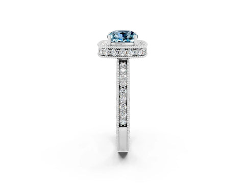 White gold Cushion Cut Halo Diamond Engagement Ring with Milgrain Pave Band and Four-Prong Setting_26