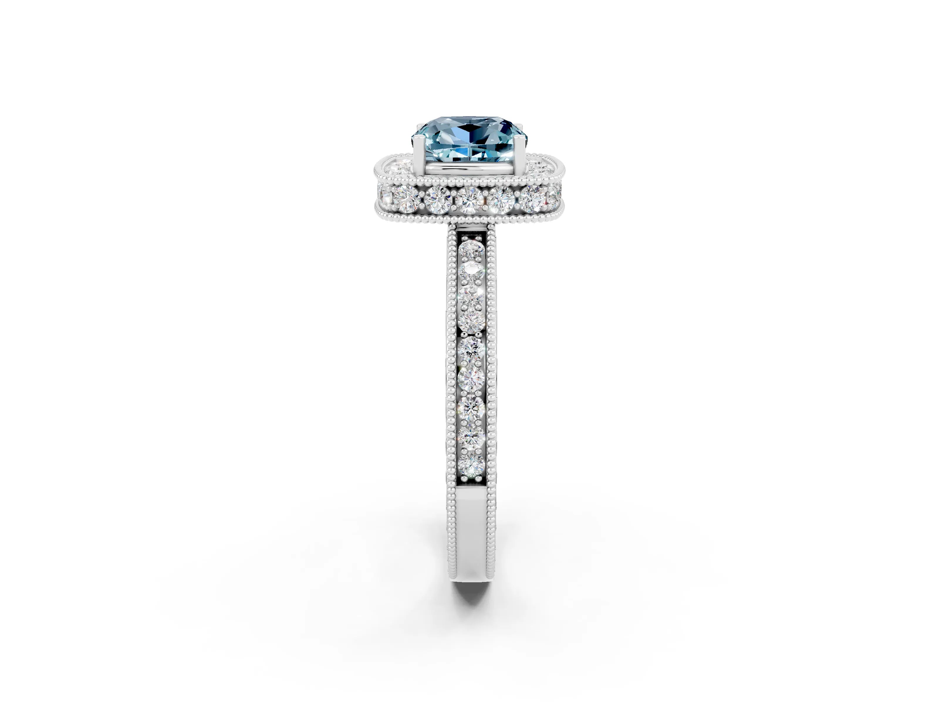 White gold Cushion Cut Halo Diamond Engagement Ring with Milgrain Pave Band and Four-Prong Setting_26