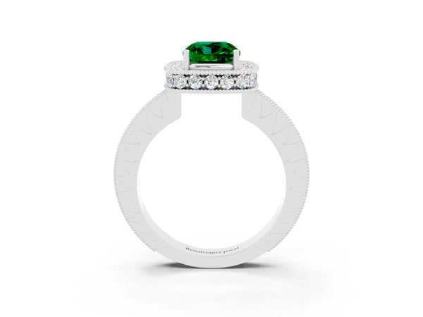 Platinum Cushion Cut Halo Diamond Engagement Ring with Milgrain Pave Band and Four-Prong Setting