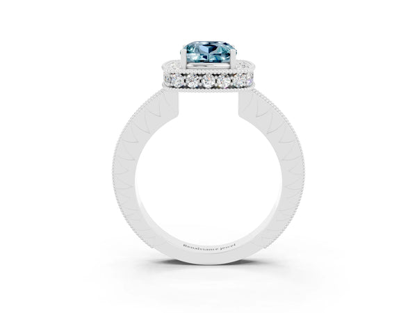 Platinum Cushion Cut Halo Diamond Engagement Ring with Milgrain Pave Band and Four-Prong Setting