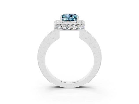 White gold Cushion Cut Halo Diamond Engagement Ring with Milgrain Pave Band and Four-Prong Setting_27