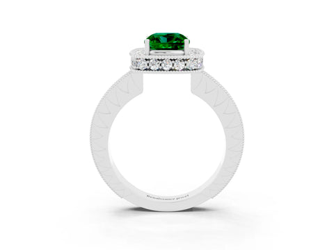 White gold Cushion Cut Halo Diamond Engagement Ring with Milgrain Pave Band and Four-Prong Setting_27