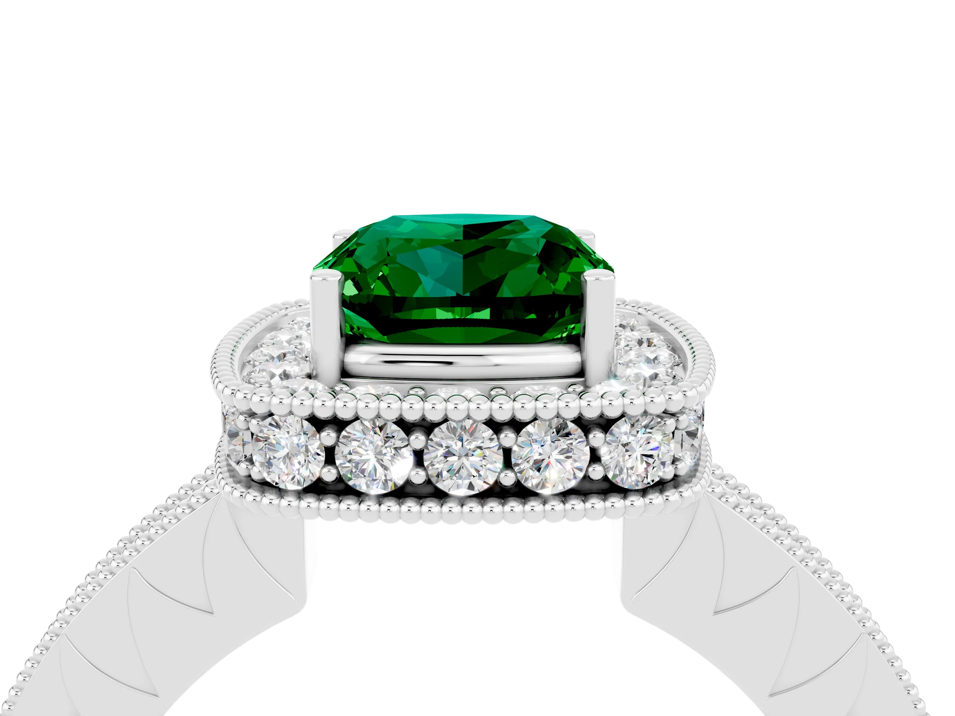 White gold Cushion Cut Halo Diamond Engagement Ring with Milgrain Pave Band and Four-Prong Setting_28