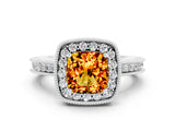 White gold Cushion Cut Halo Diamond Engagement Ring with Milgrain Pave Band and Four-Prong Setting