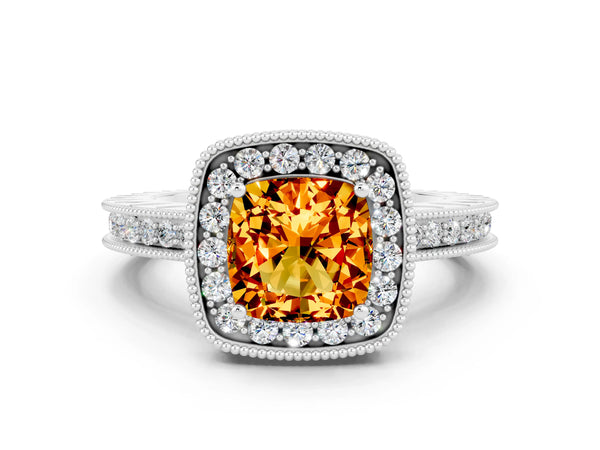 Platinum Cushion Cut Halo Diamond Engagement Ring with Milgrain Pave Band and Four-Prong Setting