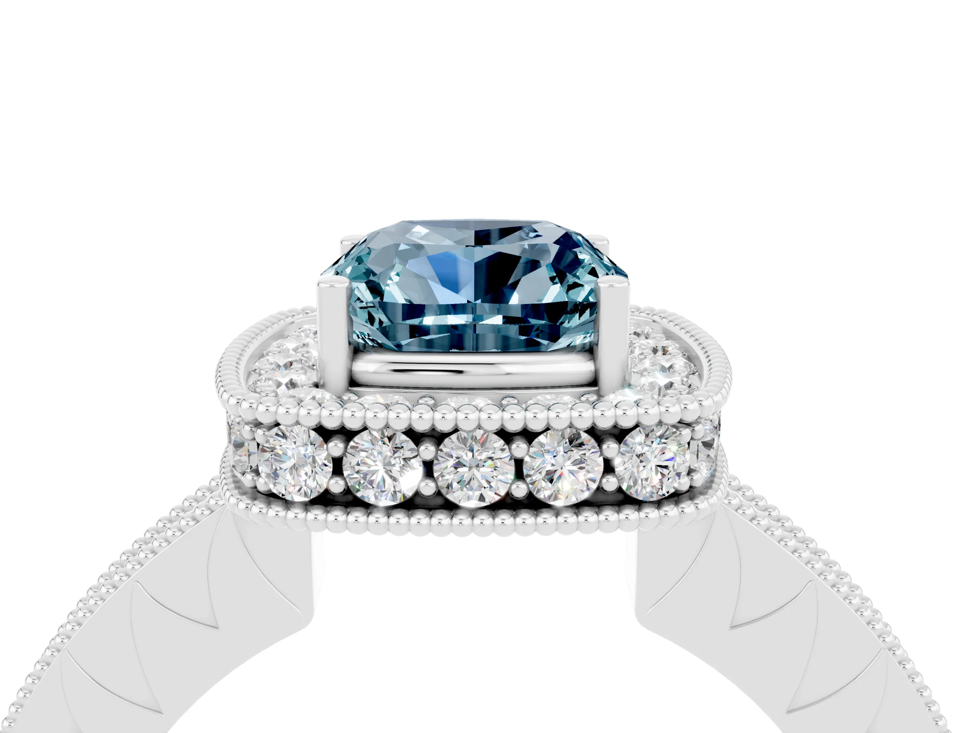 White gold Cushion Cut Halo Diamond Engagement Ring with Milgrain Pave Band and Four-Prong Setting_28