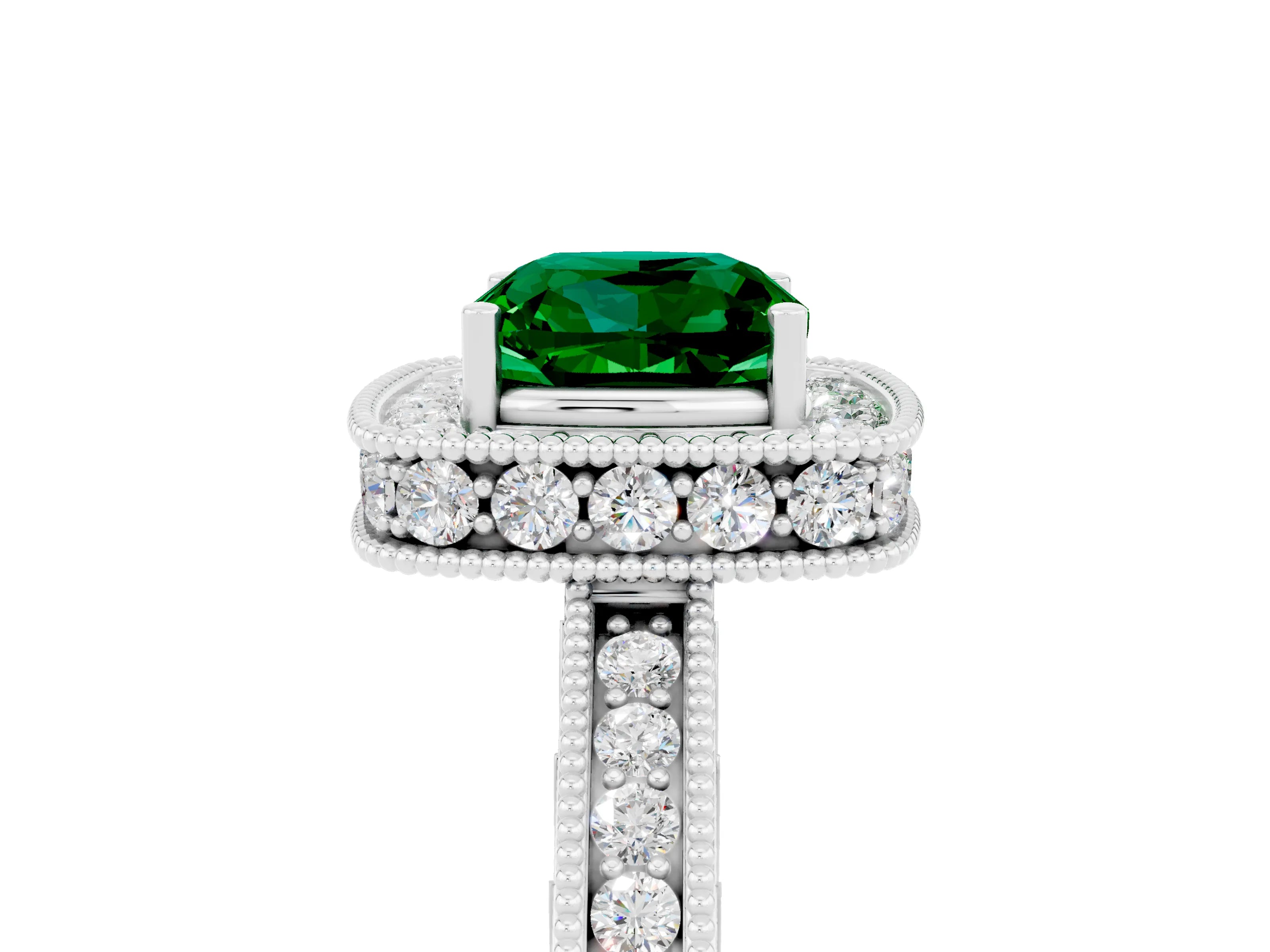 White gold Cushion Cut Halo Diamond Engagement Ring with Milgrain Pave Band and Four-Prong Setting_28