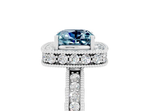 White gold Cushion Cut Halo Diamond Engagement Ring with Milgrain Pave Band and Four-Prong Setting_29