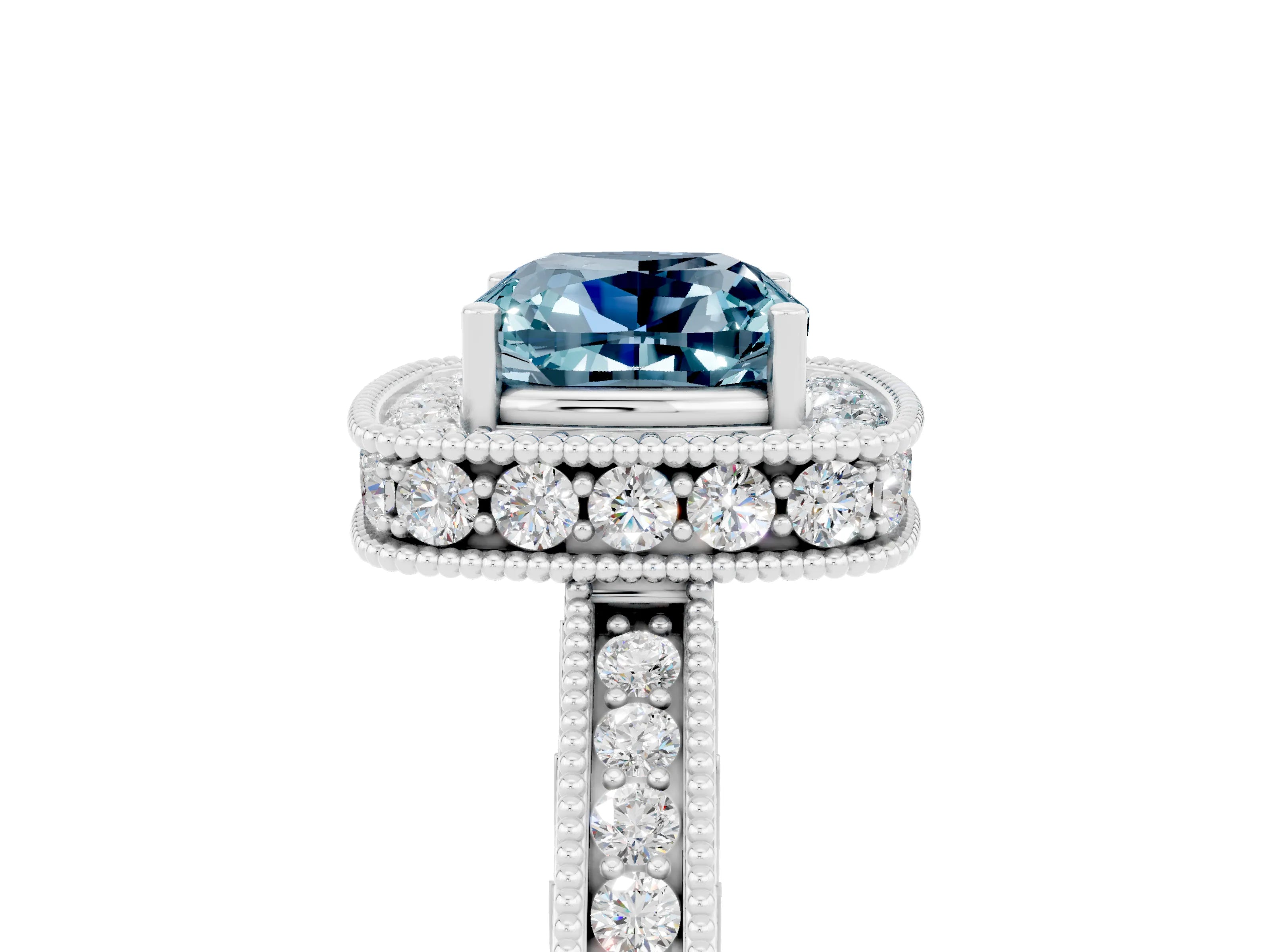 White gold Cushion Cut Halo Diamond Engagement Ring with Milgrain Pave Band and Four-Prong Setting_29