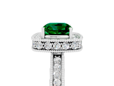 White gold Cushion Cut Halo Diamond Engagement Ring with Milgrain Pave Band and Four-Prong Setting_29