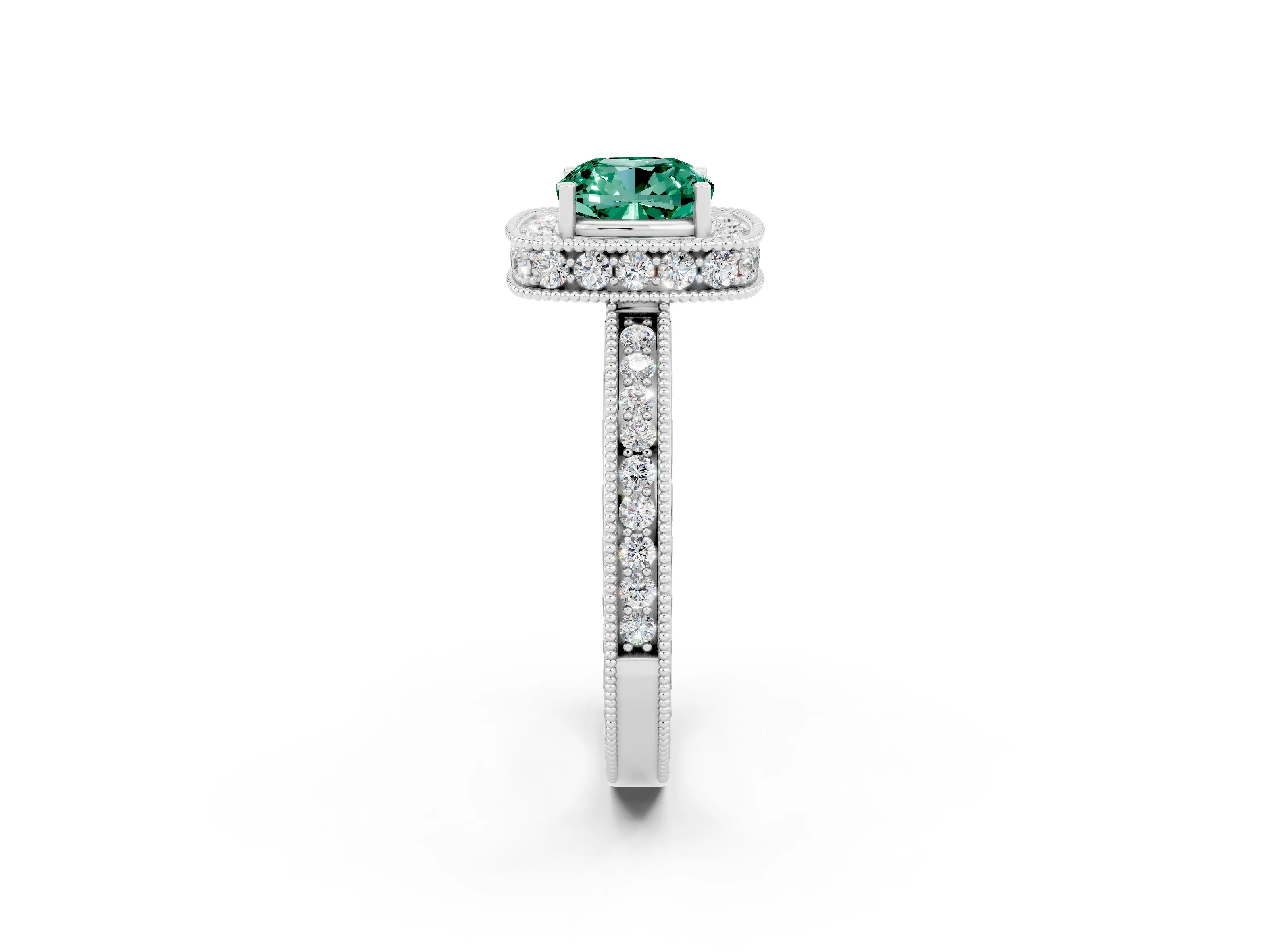 White gold Cushion Cut Halo Diamond Engagement Ring with Milgrain Pave Band and Four-Prong Setting_2