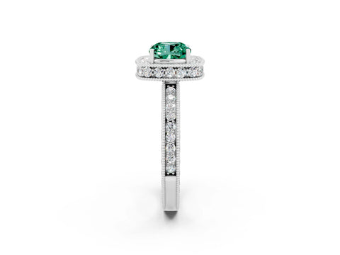White gold Cushion Cut Halo Diamond Engagement Ring with Milgrain Pave Band and Four-Prong Setting_2