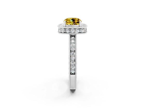 Silver Cushion Cut Halo Diamond Engagement Ring with Milgrain Pave Band and Four-Prong Setting