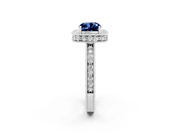 Silver Cushion Cut Halo Diamond Engagement Ring with Milgrain Pave Band and Four-Prong Setting