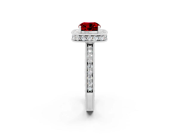 White gold Cushion Cut Halo Diamond Engagement Ring with Milgrain Pave Band and Four-Prong Setting