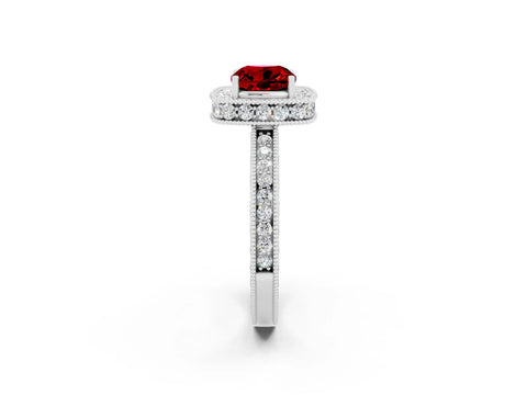 White gold Cushion Cut Halo Diamond Engagement Ring with Milgrain Pave Band and Four-Prong Setting_2