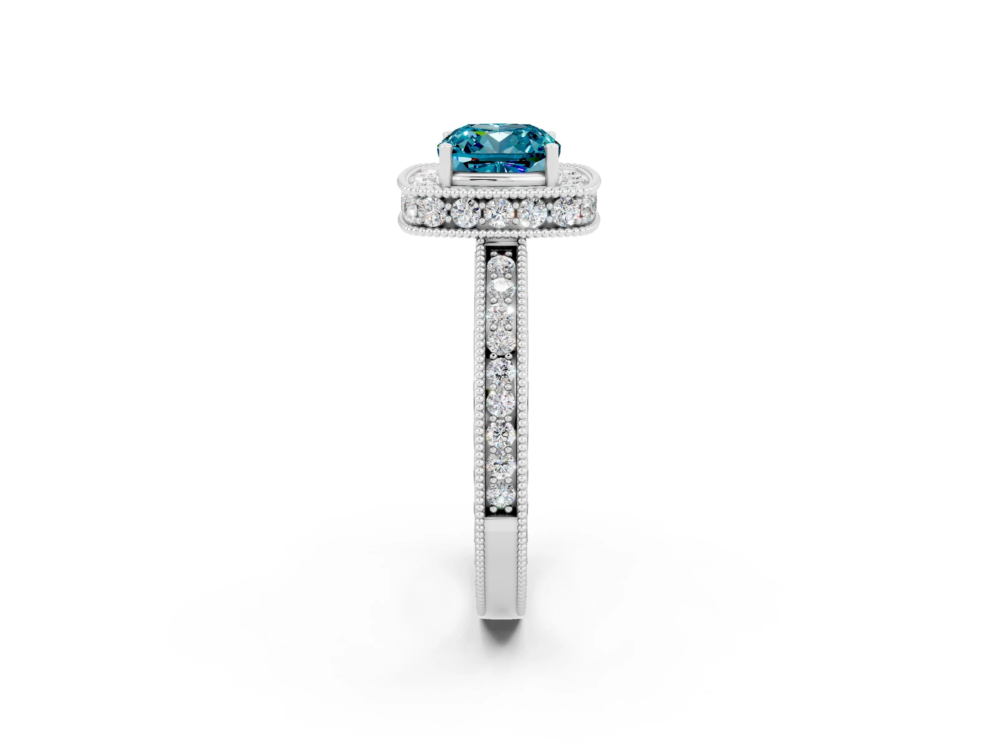 White gold Cushion Cut Halo Diamond Engagement Ring with Milgrain Pave Band and Four-Prong Setting_2