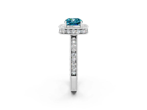 White gold Cushion Cut Halo Diamond Engagement Ring with Milgrain Pave Band and Four-Prong Setting