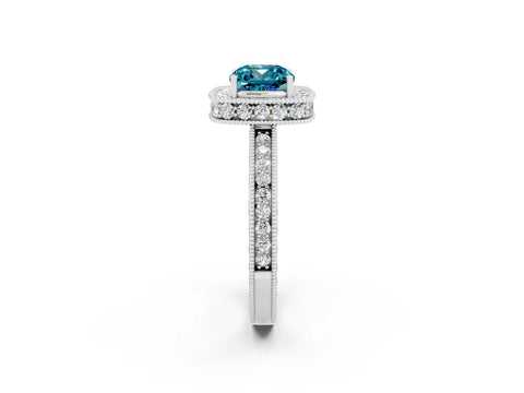 White gold Cushion Cut Halo Diamond Engagement Ring with Milgrain Pave Band and Four-Prong Setting_2