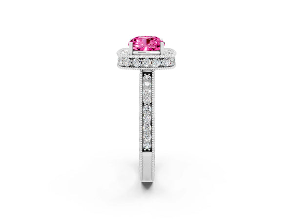 Silver Cushion Cut Halo Diamond Engagement Ring with Milgrain Pave Band and Four-Prong Setting