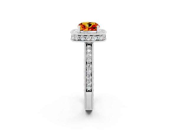 Platinum Cushion Cut Halo Diamond Engagement Ring with Milgrain Pave Band and Four-Prong Setting