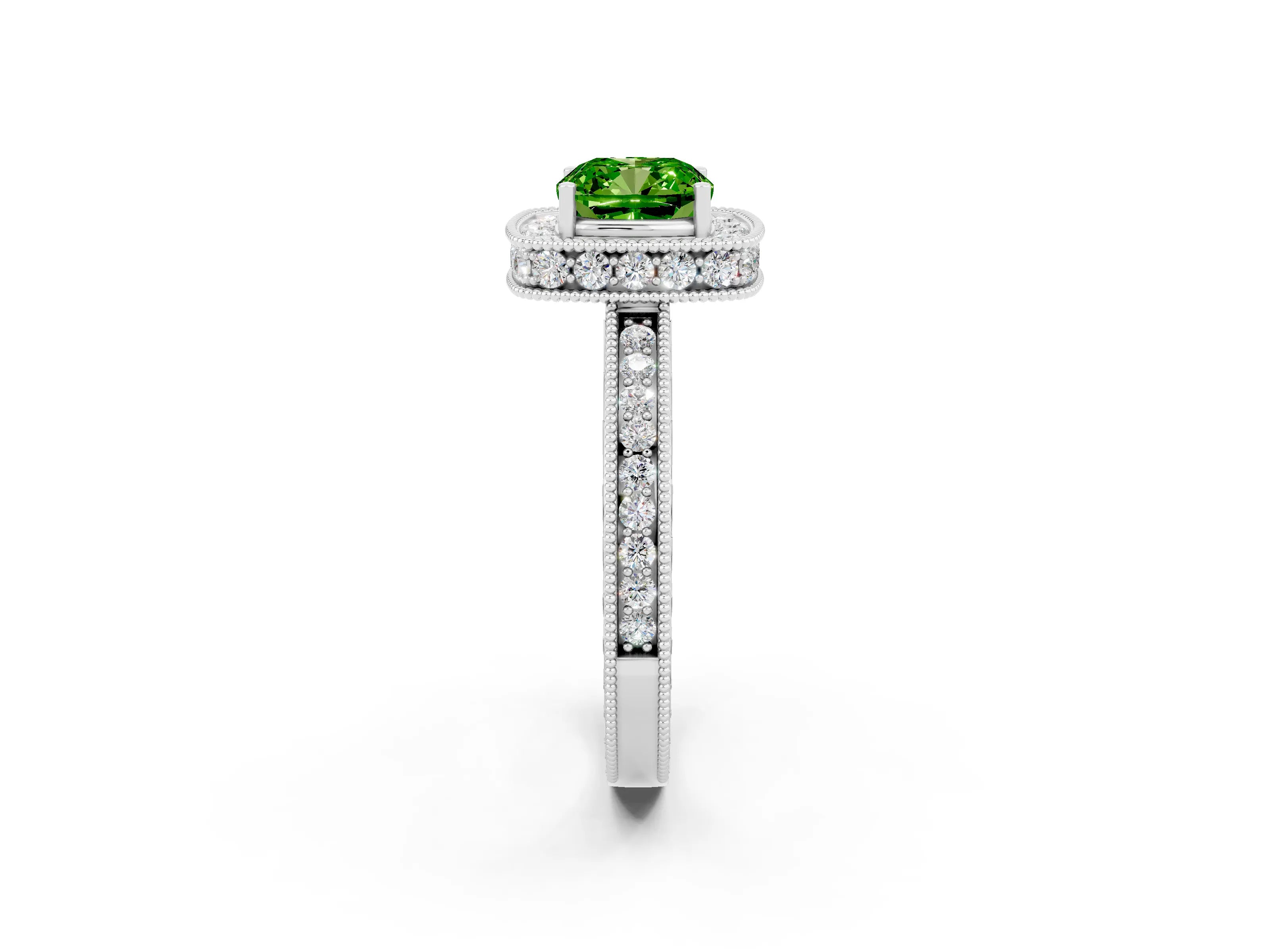 White gold Cushion Cut Halo Diamond Engagement Ring with Milgrain Pave Band and Four-Prong Setting_2