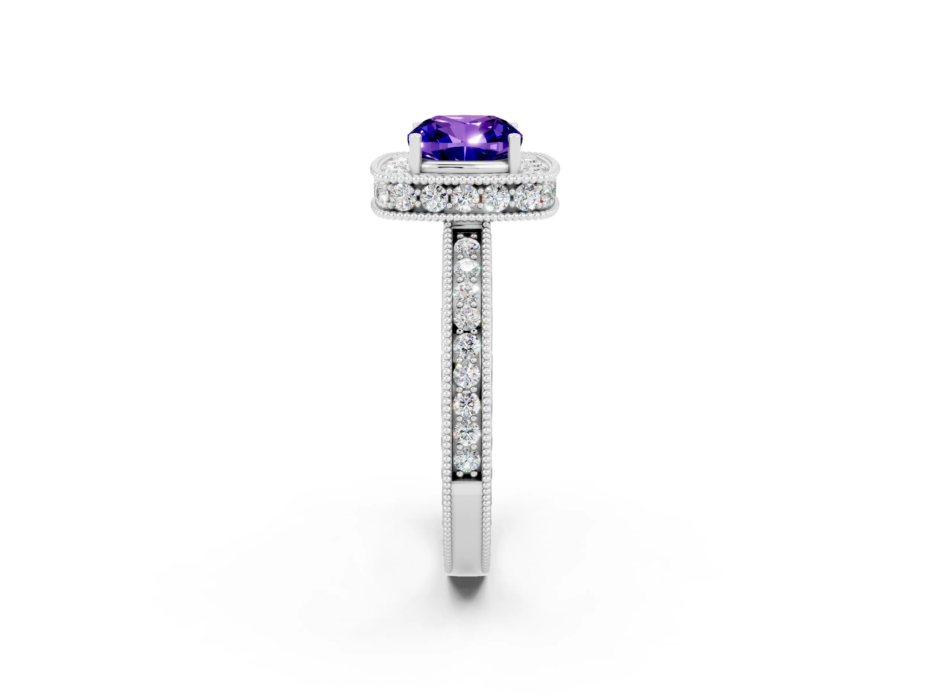 White gold Cushion Cut Halo Diamond Engagement Ring with Milgrain Pave Band and Four-Prong Setting_2