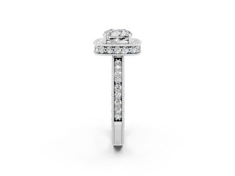White gold Cushion Cut Halo Diamond Engagement Ring with Milgrain Pave Band and Four-Prong Setting_2