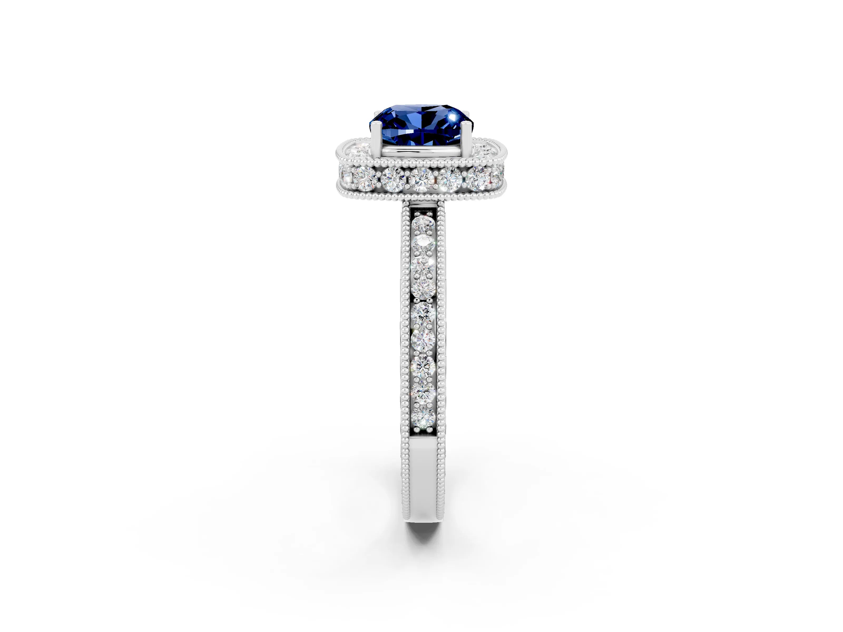 White gold Cushion Cut Halo Diamond Engagement Ring with Milgrain Pave Band and Four-Prong Setting_2