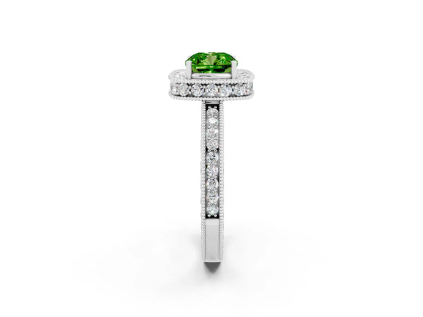 Platinum Cushion Cut Halo Diamond Engagement Ring with Milgrain Pave Band and Four-Prong Setting