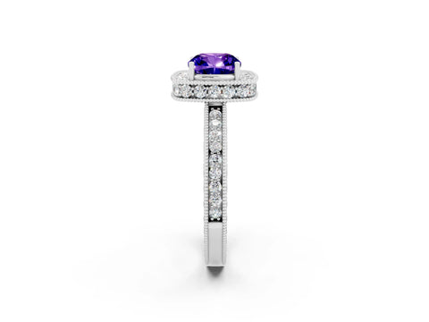 White gold Cushion Cut Halo Diamond Engagement Ring with Milgrain Pave Band and Four-Prong Setting_2