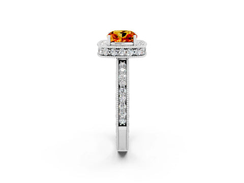 White gold Cushion Cut Halo Diamond Engagement Ring with Milgrain Pave Band and Four-Prong Setting_2