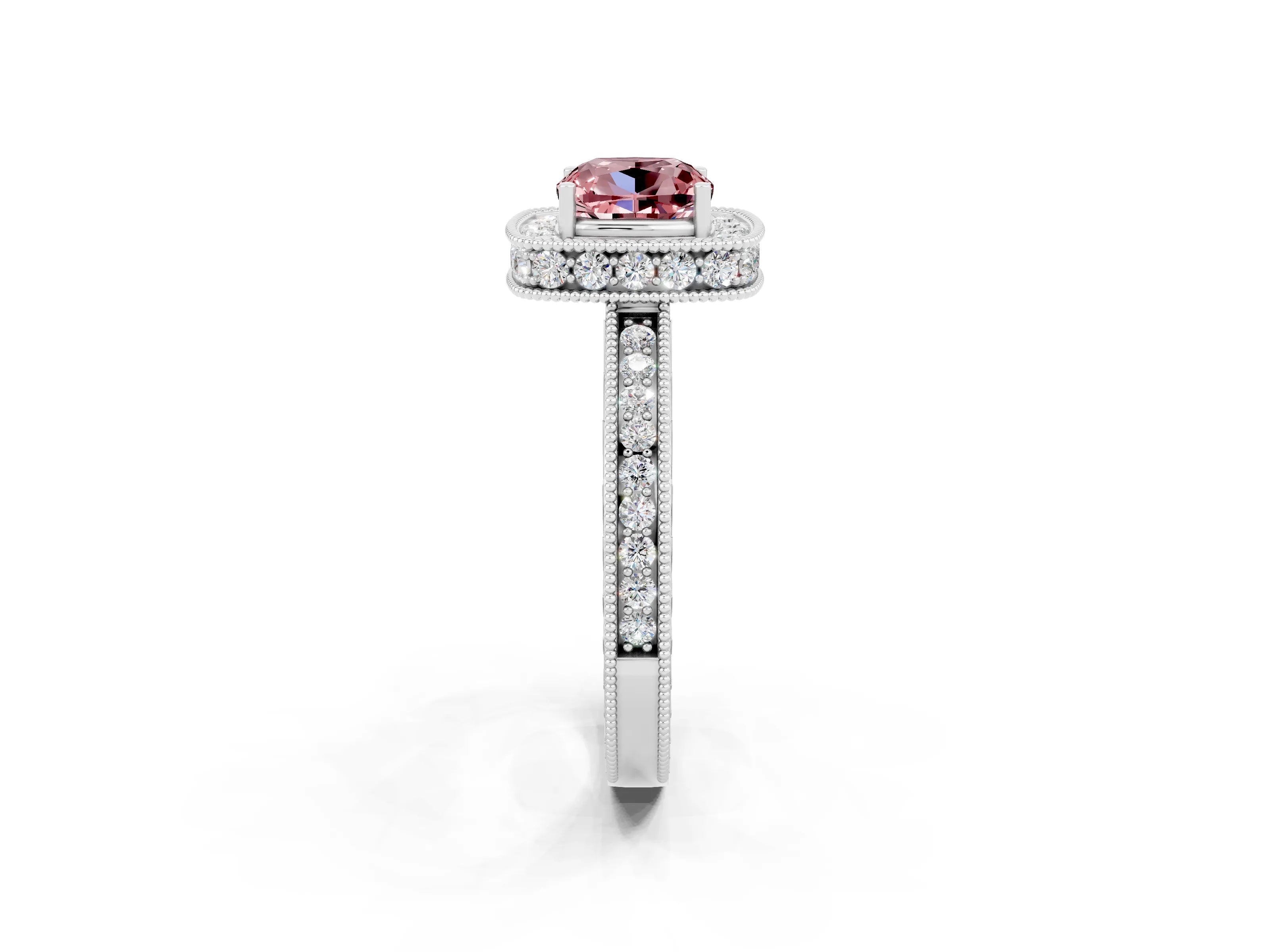 White gold Cushion Cut Halo Diamond Engagement Ring with Milgrain Pave Band and Four-Prong Setting_2