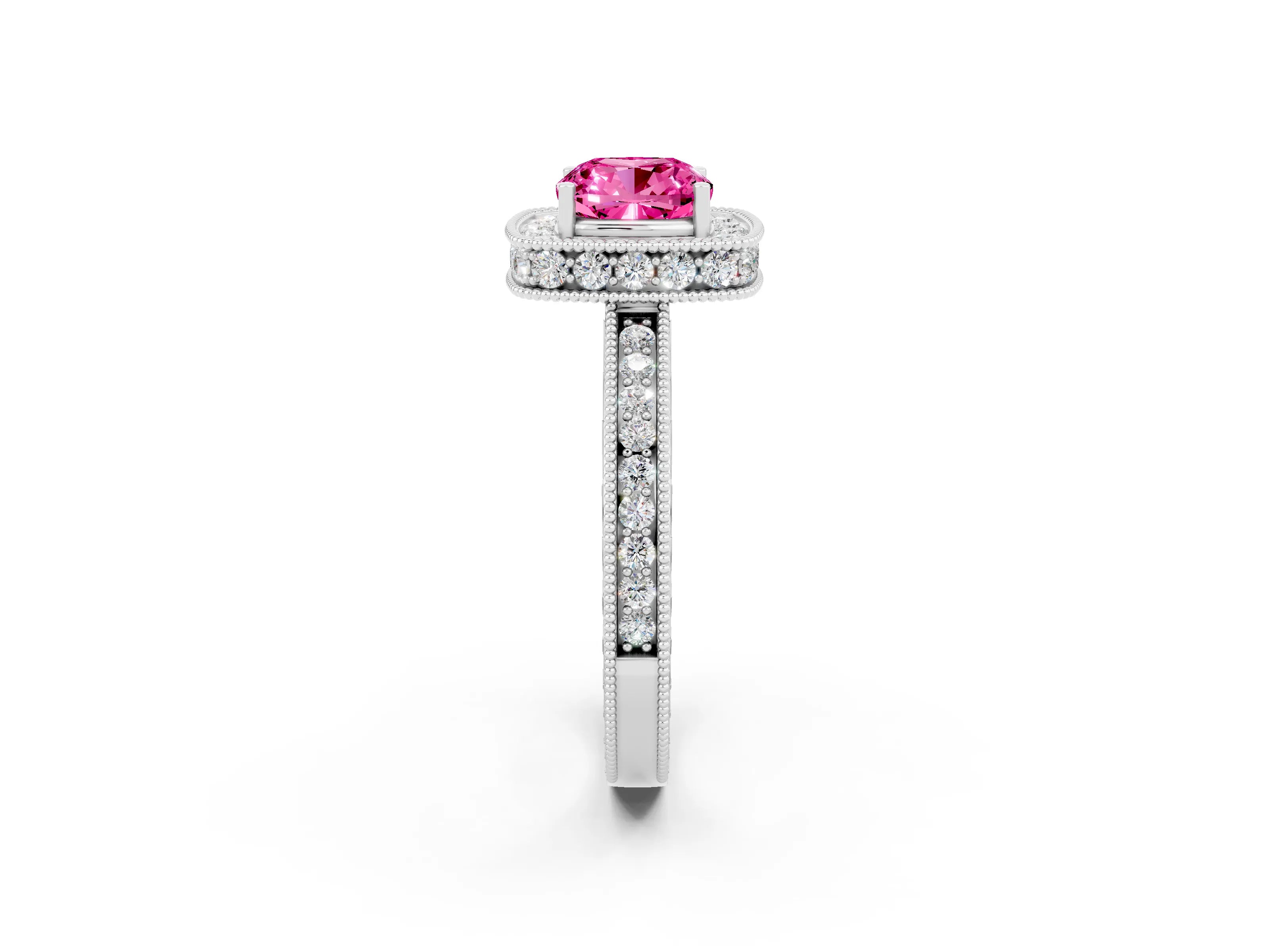 White gold Cushion Cut Halo Diamond Engagement Ring with Milgrain Pave Band and Four-Prong Setting_2