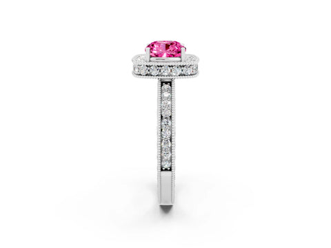 White gold Cushion Cut Halo Diamond Engagement Ring with Milgrain Pave Band and Four-Prong Setting_2