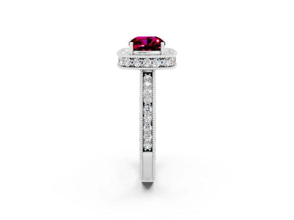 White gold Cushion Cut Halo Diamond Engagement Ring with Milgrain Pave Band and Four-Prong Setting