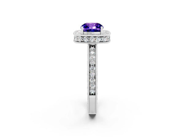 Silver Cushion Cut Halo Diamond Engagement Ring with Milgrain Pave Band and Four-Prong Setting