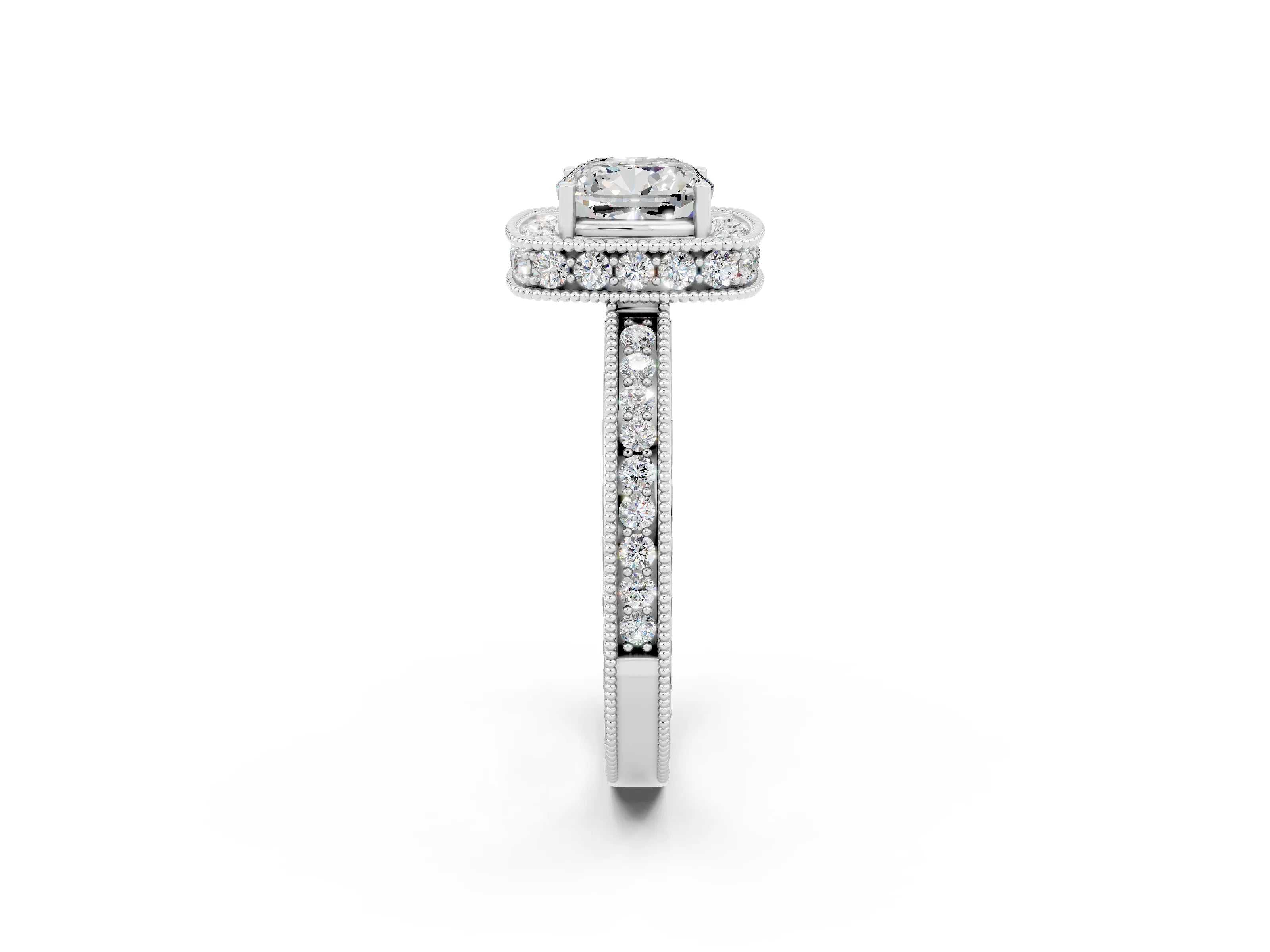 White gold Cushion Cut Halo Diamond Engagement Ring with Milgrain Pave Band and Four-Prong Setting_2