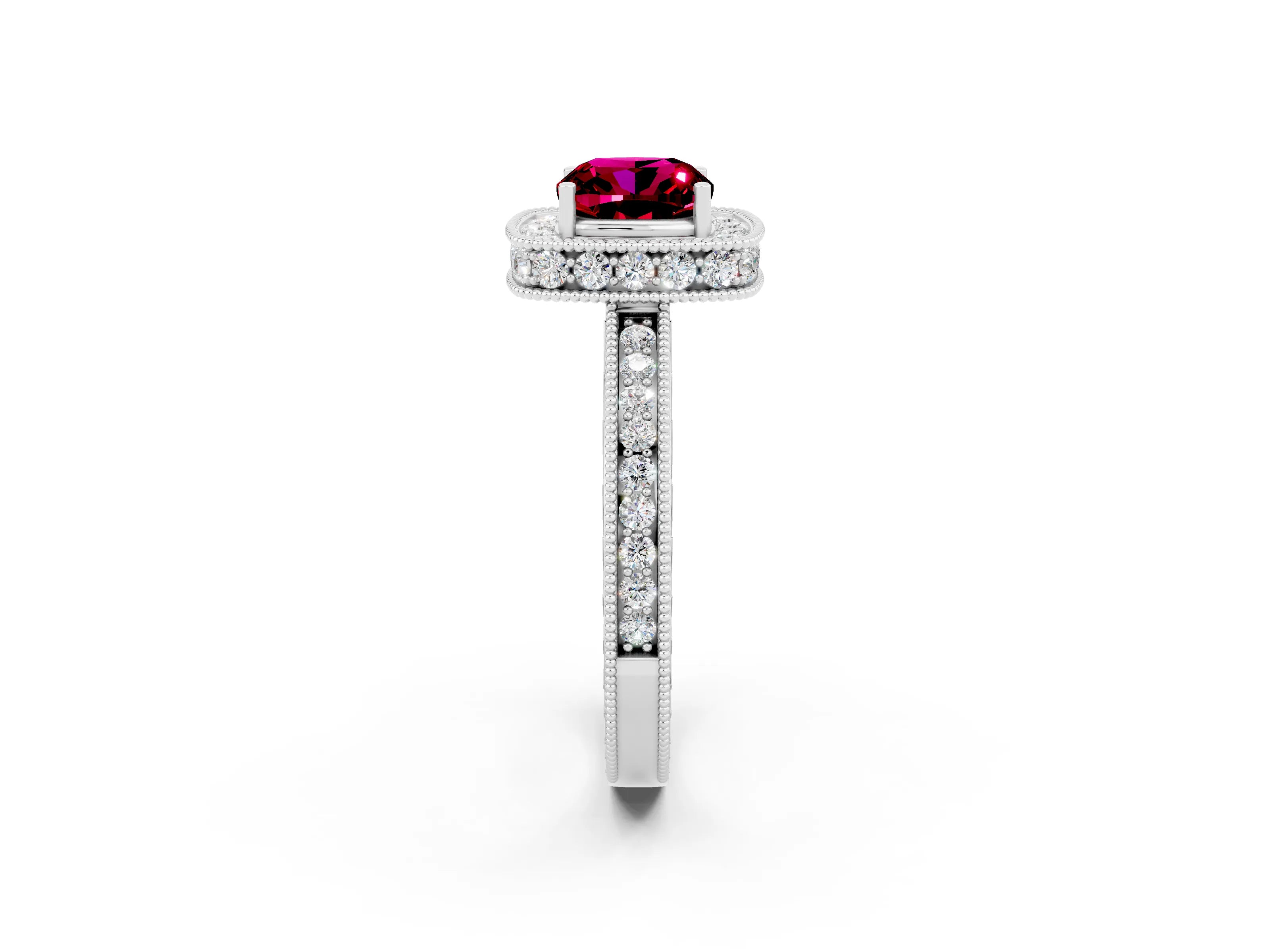 White gold Cushion Cut Halo Diamond Engagement Ring with Milgrain Pave Band and Four-Prong Setting_2