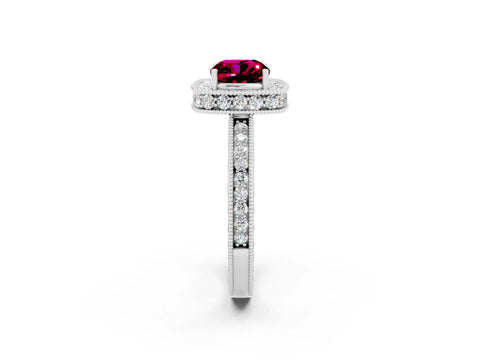 White gold Cushion Cut Halo Diamond Engagement Ring with Milgrain Pave Band and Four-Prong Setting_2