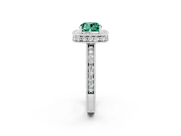 Silver Cushion Cut Halo Diamond Engagement Ring with Milgrain Pave Band and Four-Prong Setting