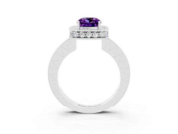 Platinum Cushion Cut Amethyst Milgrain Halo Engagement Ring with Round Pavé Band and Prong Setting